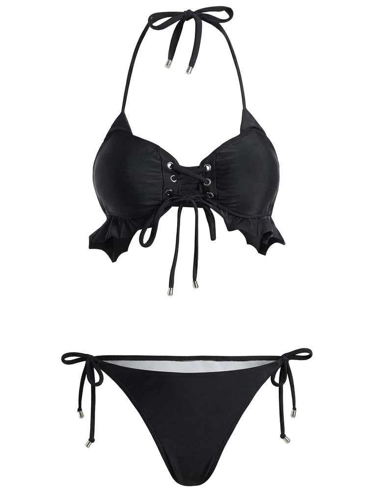 Black 1950s Halter Lace Up Ruffle Hem Bikini Set - vintage fashion, retro style, classic black