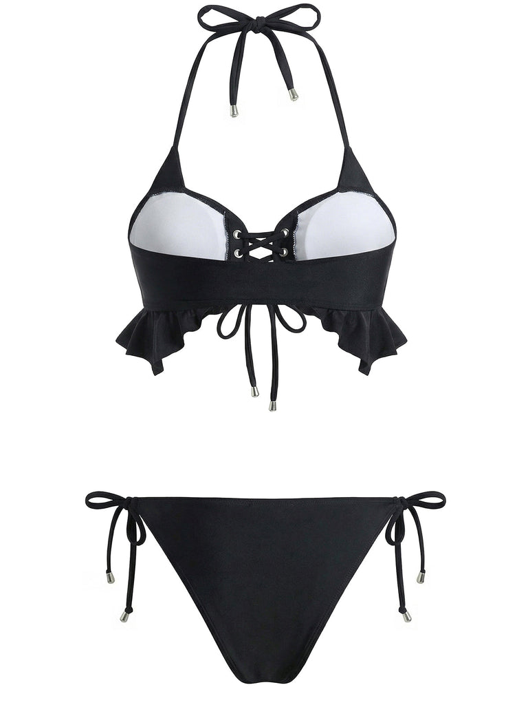 Black 1950s Halter Lace Up Ruffle Hem Bikini Set - vintage fashion, retro style, classic black
