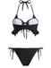 Black 1950s Halter Lace Up Ruffle Hem Bikini Set - vintage fashion, retro style, classic black