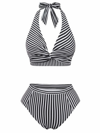 Black 1950s Halter Stripe Knotted Tankini Set - vintage fashion, retro style, classic black