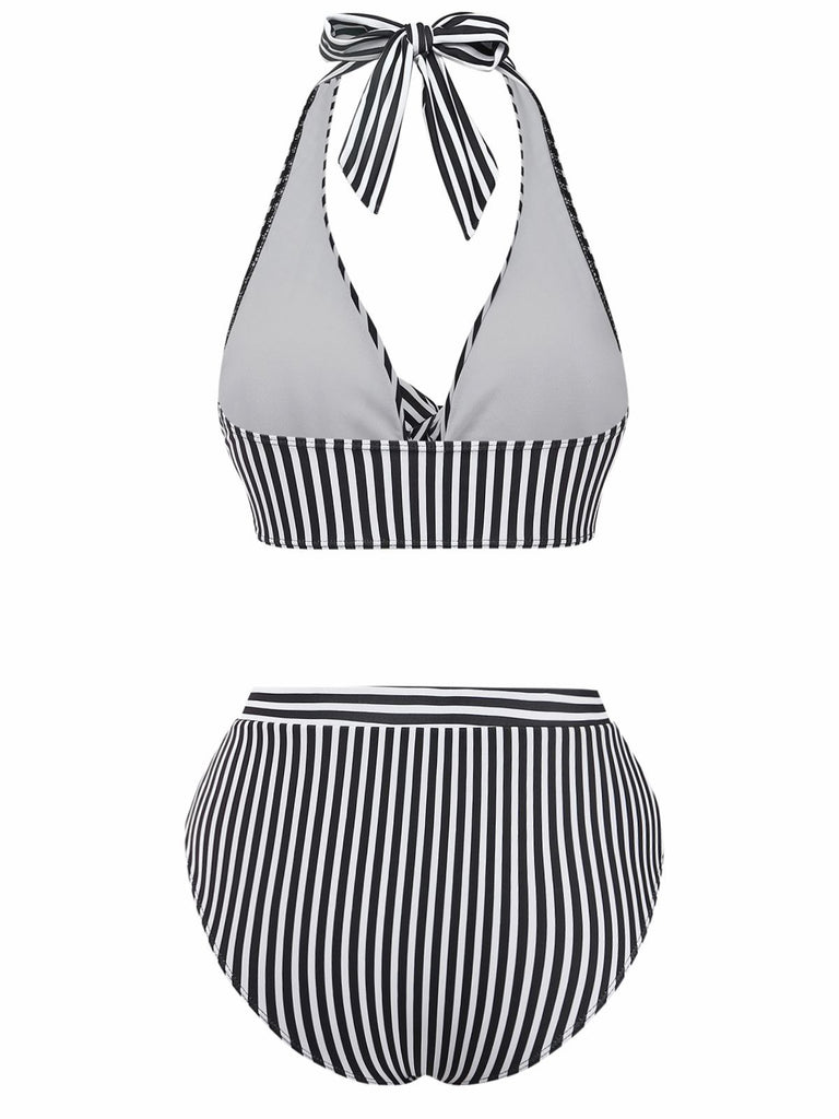 Black and white striped bikini set on a white background