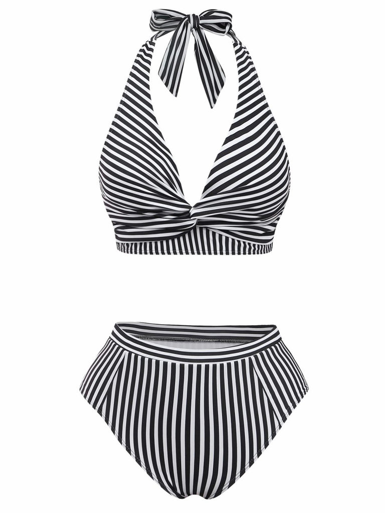 Black and white striped bikini set on a white background