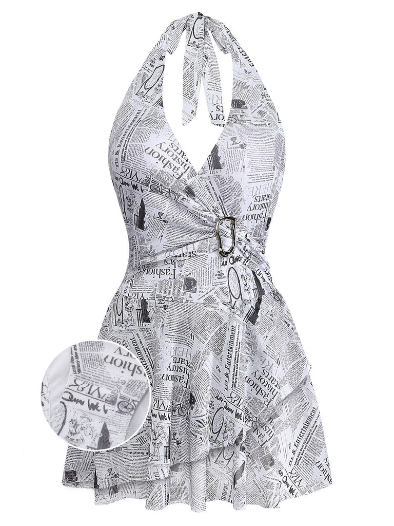 slim fit dress slacks 1950s Newspaper Print Buckle Halter Swim Dress