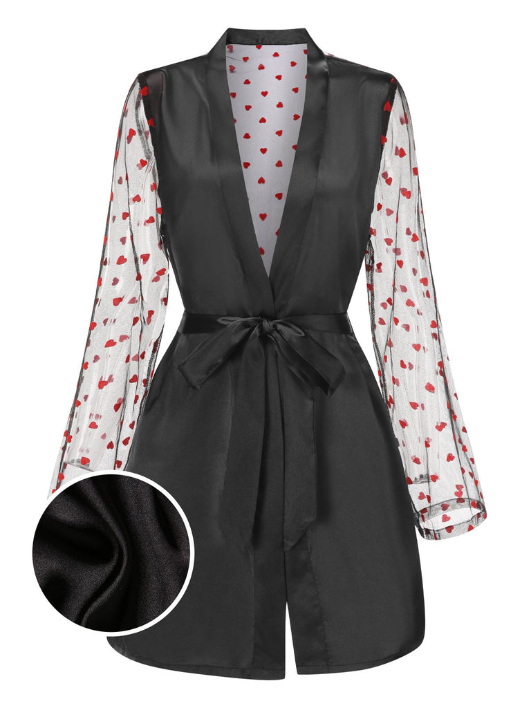 Black 1950s Hearts Dots Mesh Satin Sleep Robe - vintage nightgown, retro sleepwear, classic black