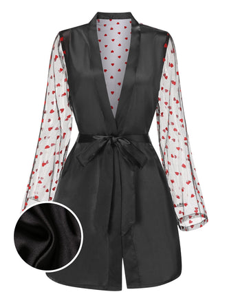 Black 1950s Hearts Dots Mesh Satin Sleep Robe - vintage nightgown, retro sleepwear, classic black