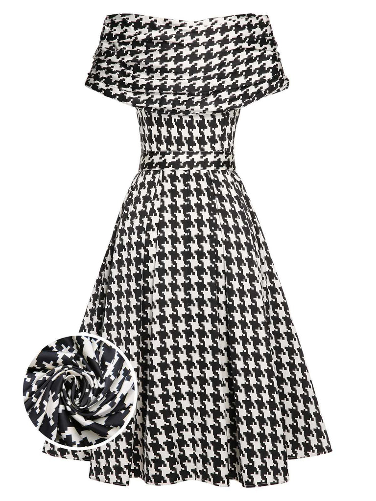 Retro Stage 1950s Houndstooth Short Sleeve Belted Dress Black&Beige