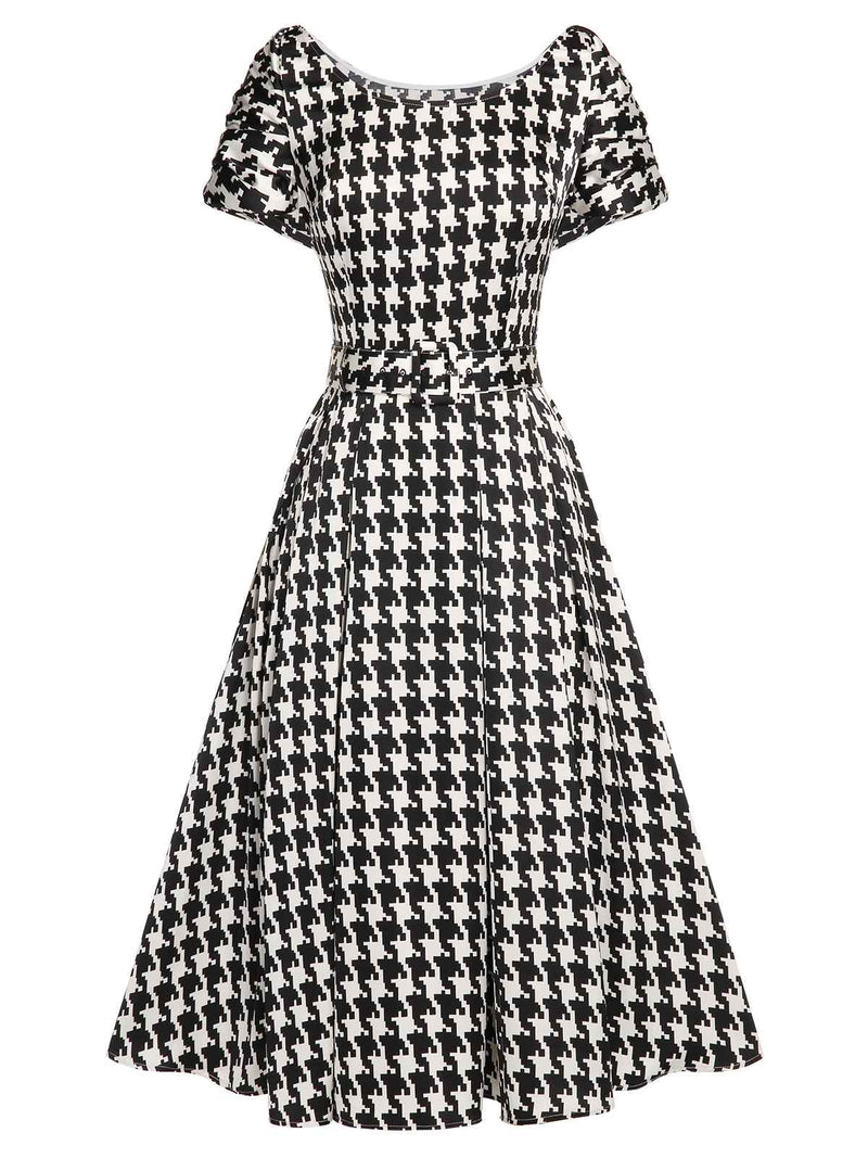 black and white houndstooth dress 1950s Short Sleeve Belted summer-sequins form fitted Storlek:Large Halter Floral Strappy Backless