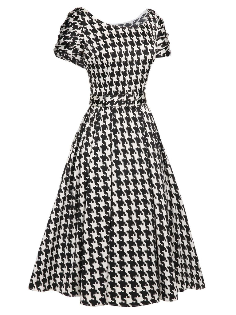 Retro Stage 1950s Houndstooth Short Sleeve Belted Dress Black&Beige
