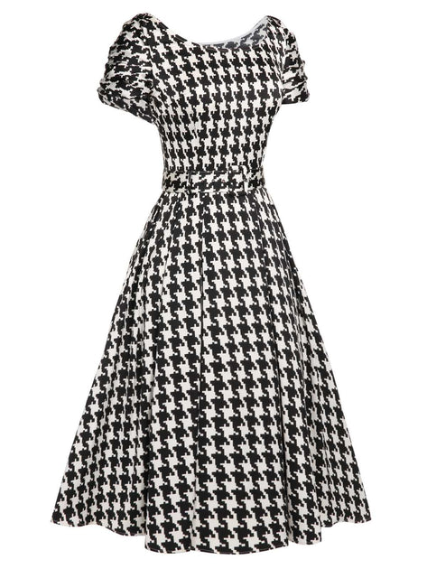 vintage houndstooth dress Retro Stage 1950s Houndstooth Short Sleeve Belted Dress Black&Beige