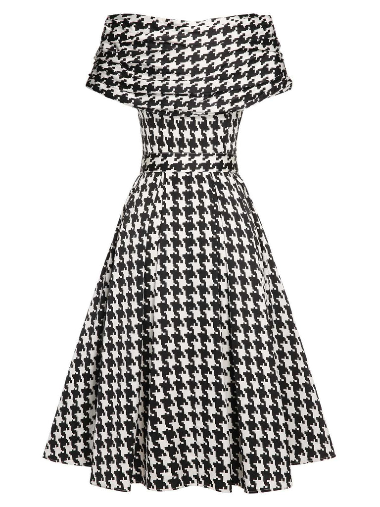 Retro Stage 1950s Houndstooth Short Sleeve Belted Dress Black&Beige