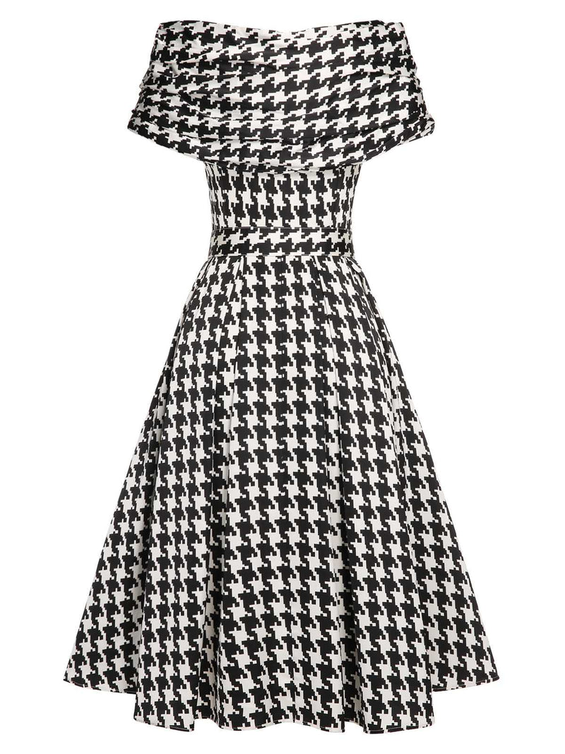 black and white short sleeve dress 1950s Houndstooth Belted no pockets Wholesale Bandage Dresses | Color:Green as Pictures fiona91524