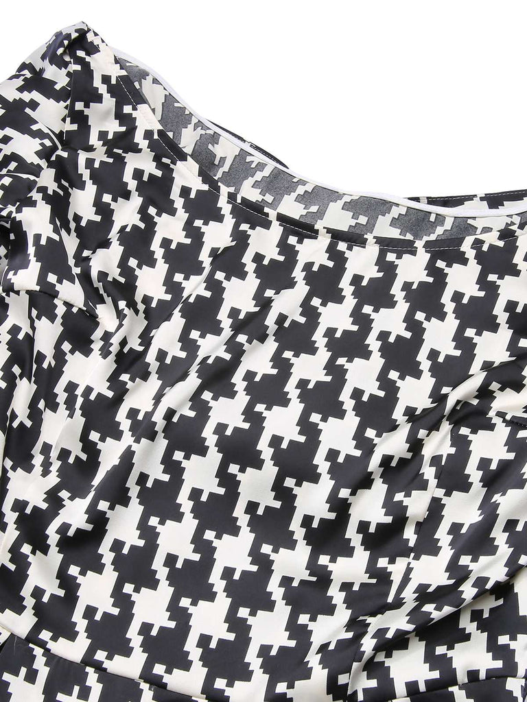 Retro Stage 1950s Houndstooth Short Sleeve Belted Dress Black&Beige