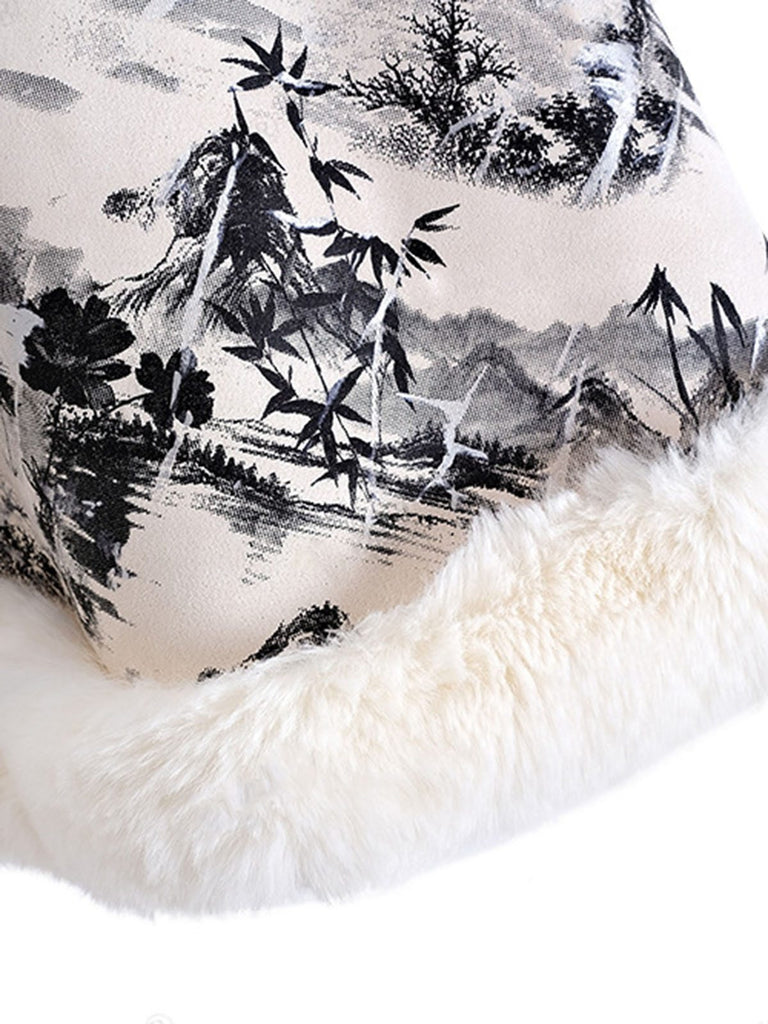 Black 1950s Ink Landscape Painting Fur Cloak — 1950s style that speaks before she does