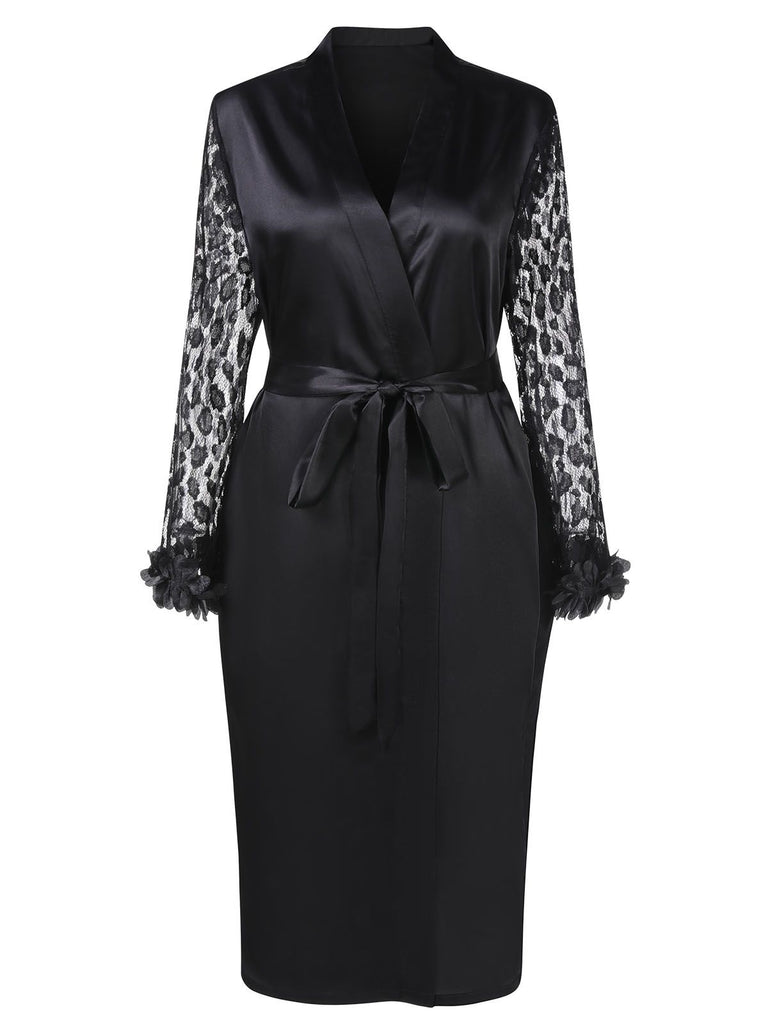 She slips into this Black 1950s Lace Belted Nightgowns and suddenly it's a 1950s daydream