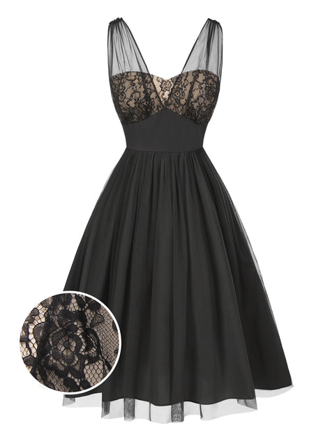 [Pre-Sale] Black 1950s Lace Floral Mesh Swing Dress
