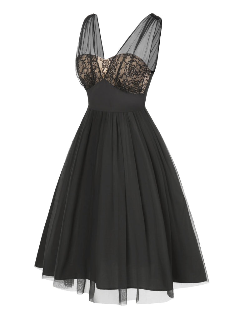 Black 1950s Lace Floral Mesh Swing Dress - vintage dress, retro fashion, rockabilly