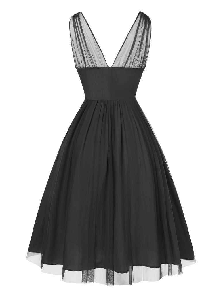 Black 1950s Lace Floral Mesh Swing Dress - vintage dress, retro fashion, rockabilly