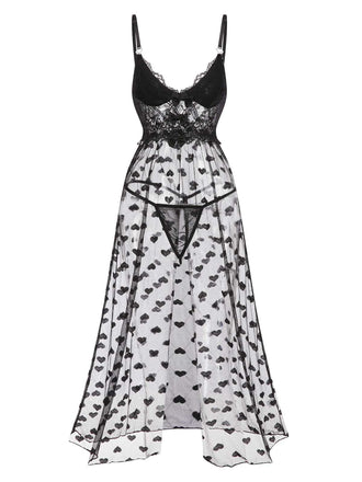 She slips into this Black 1950s Lace Hearts Mesh Nightgown and suddenly it's a 1950s daydream