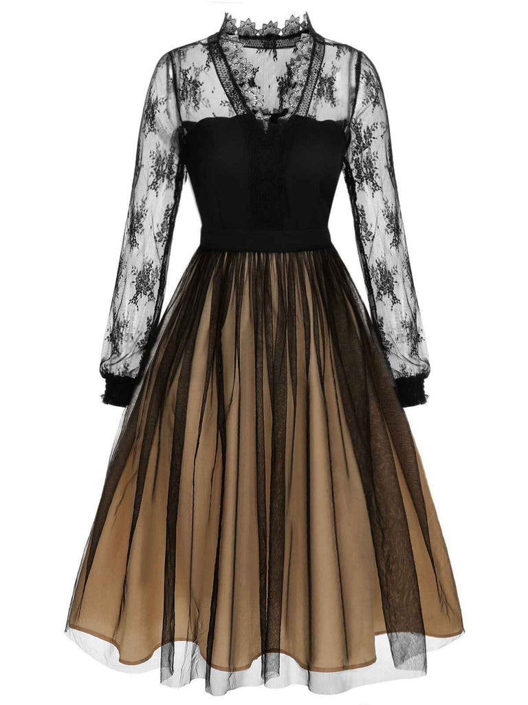 [US Warehouse] Black 1950s Lace Patchwork Mesh Dress, vintage dress, retro fashion, rockabilly, pin-up fashion - perfect for women who love vintage and retro fashion