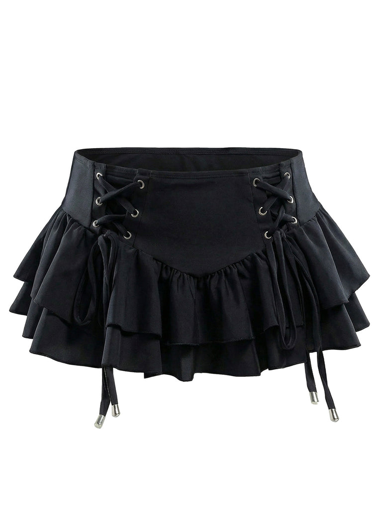 Black 1950s Lace Up Tiered Hem Skirt Cover Up - vintage skirt, retro style, classic black