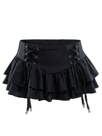 Black 1950s Lace Up Tiered Hem Skirt Cover Up - vintage skirt, retro style, classic black