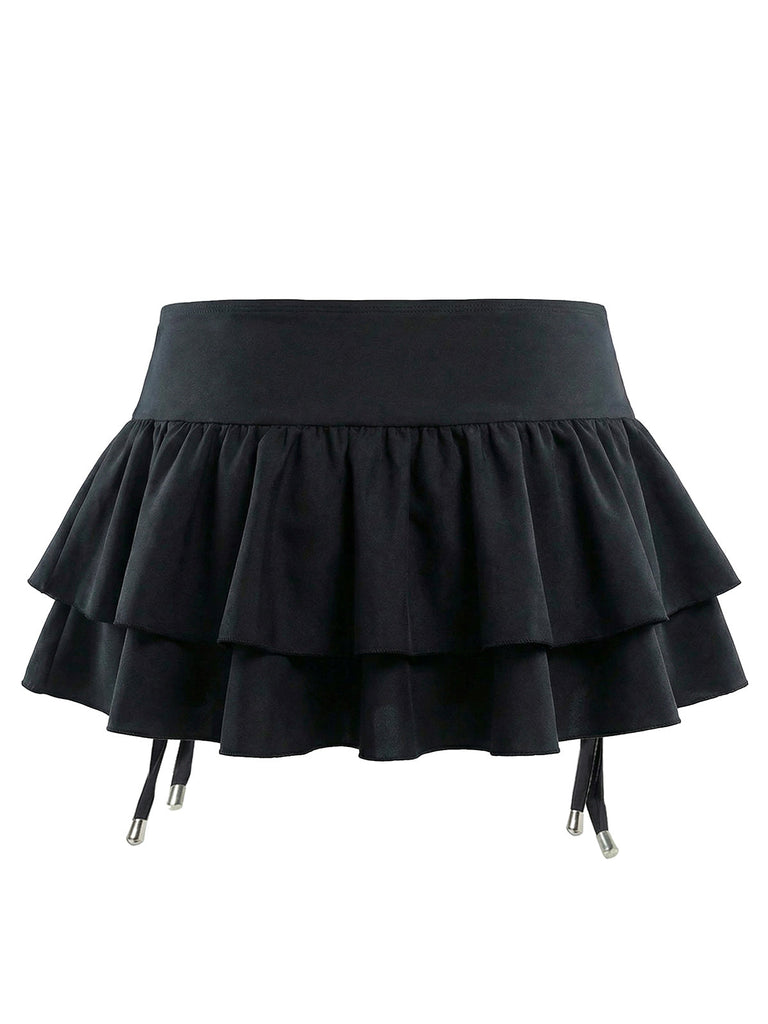 Black 1950s Lace Up Tiered Hem Skirt Cover Up - vintage skirt, retro style, classic black