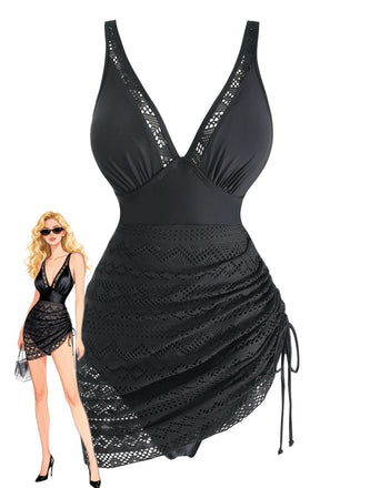 Black 1950s Lace V-Neck Ruched One-Piece Swimsuit - vintage swimsuit, pin-up style, classic black