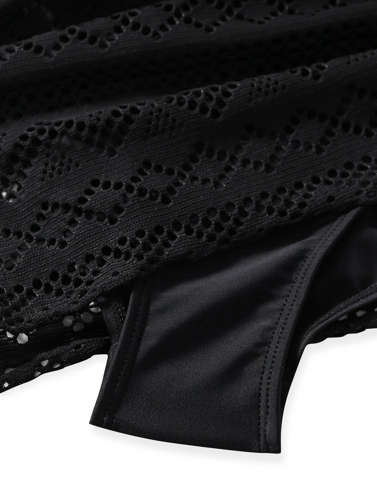 Black 1950s Lace V-Neck Ruched One-Piece Swimsuit - vintage swimwear, retro swimsuit, pin-up style for vintage lovers