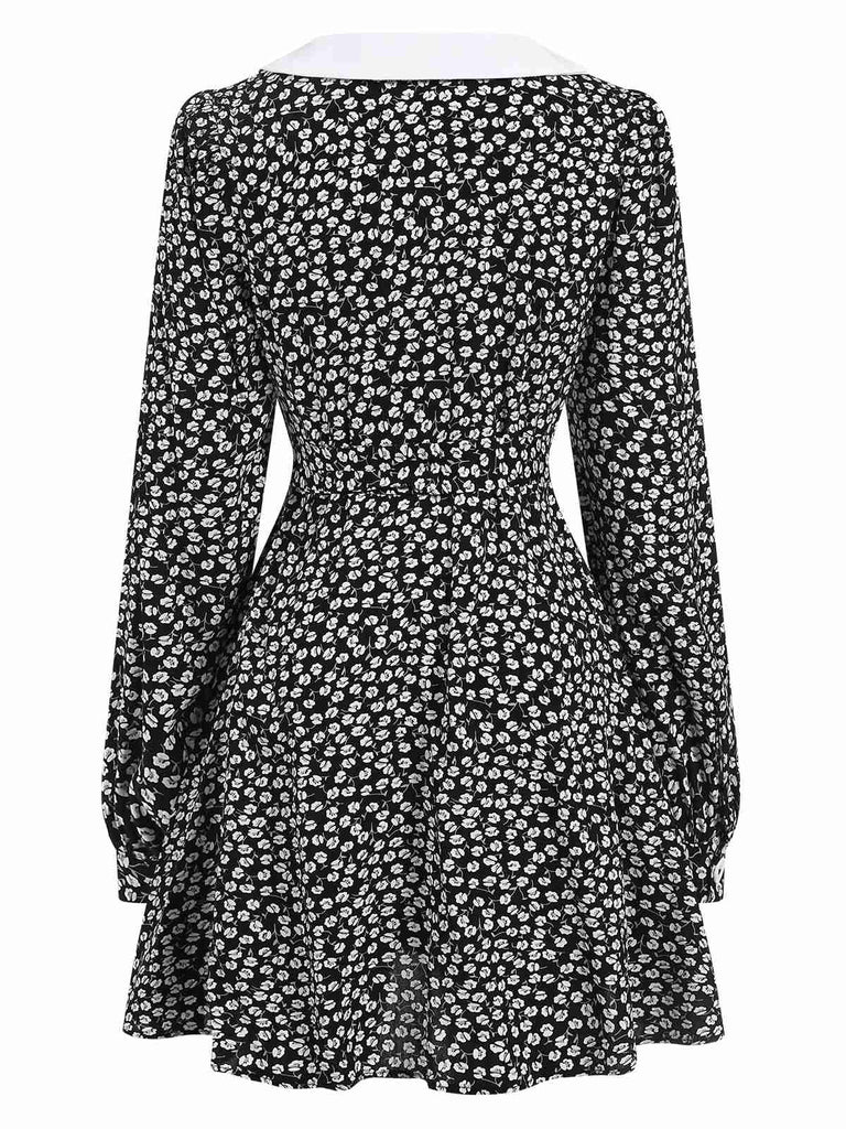 Black 1950s Lapel Lantern Sleeves Ditsy Floral Dress, vintage dress, retro fashion, rockabilly, pin-up fashion - perfect for women who love vintage and retro fashion