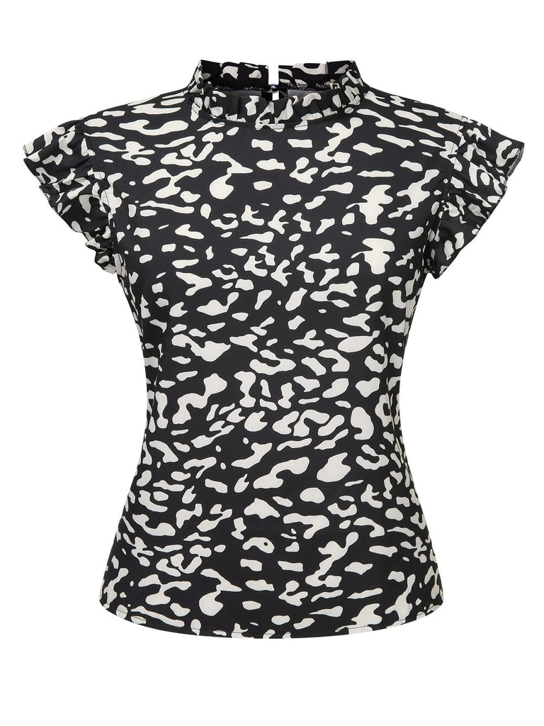 She pairs this Black 1950s Leopard Print Ruffles Blouse with confidence and 1950s charm