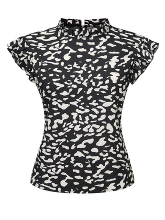 She pairs this Black 1950s Leopard Print Ruffles Blouse with confidence and 1950s charm