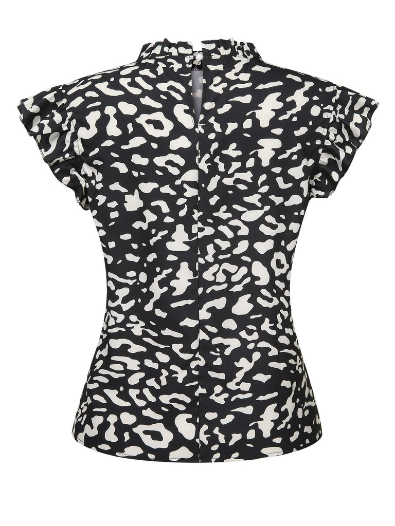 This Black 1950s Leopard Print Ruffles Blouse brings 1950s soul to her everyday