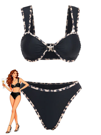 Black 1950s Leopard Trim Metal Starfish Bikini Set - vintage swimsuit, pin-up swimwear for vintage lovers