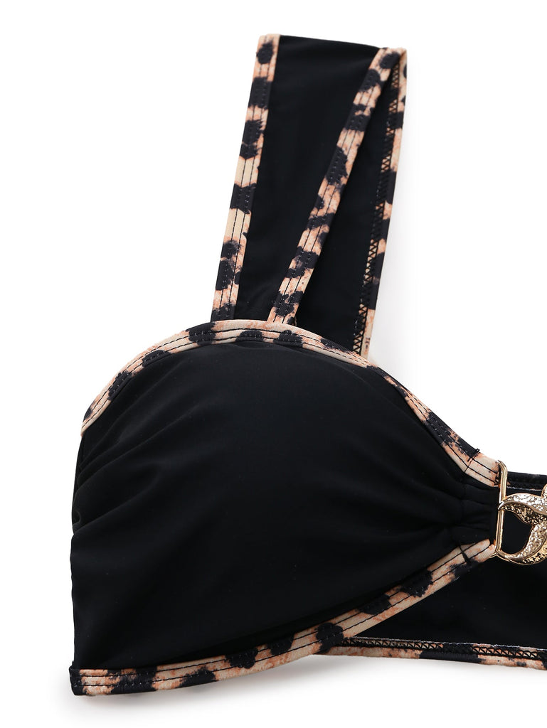 Black 1950s Leopard Trim Metal Starfish Bikini Set - vintage swimsuit, pin-up swimwear for vintage lovers