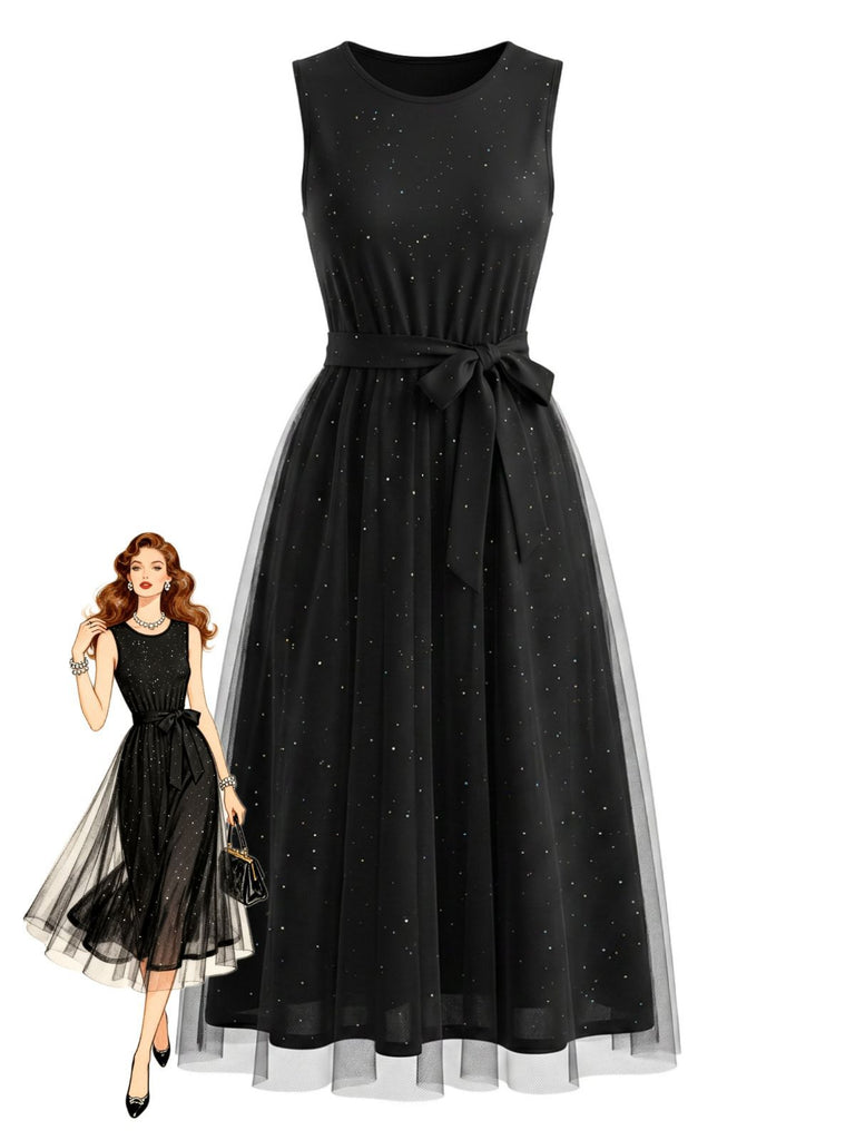 Black 1950s Mesh Patchwork Sequins Sleeveless Dress, vintage dress, retro fashion, rockabilly, pin-up fashion - perfect for women who love vintage and retro fashion