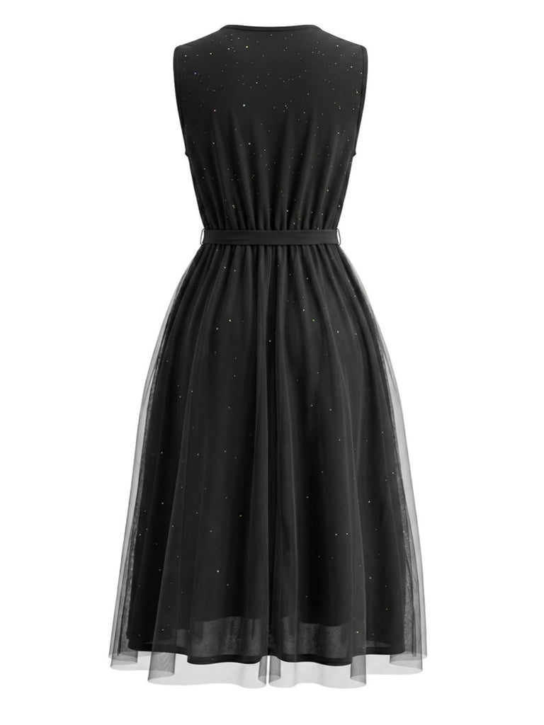 Black 1950s Mesh Patchwork Sequins Sleeveless Dress, vintage dress, retro fashion, rockabilly, pin-up fashion - perfect for women who love vintage and retro fashion
