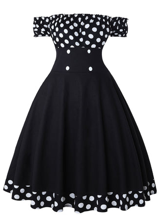 She slips into this Black 1950s Off Shoulder Polka Dots Dress and suddenly it's a 1950s daydream