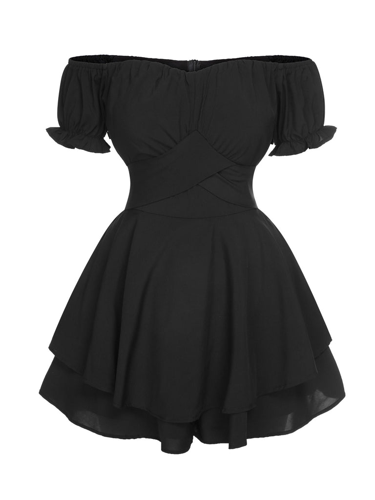 Black 1950s Off Shoulder Ruffle Sleeves Romper, vintage romper, retro jumpsuit - perfect for women who love vintage and retro fashion