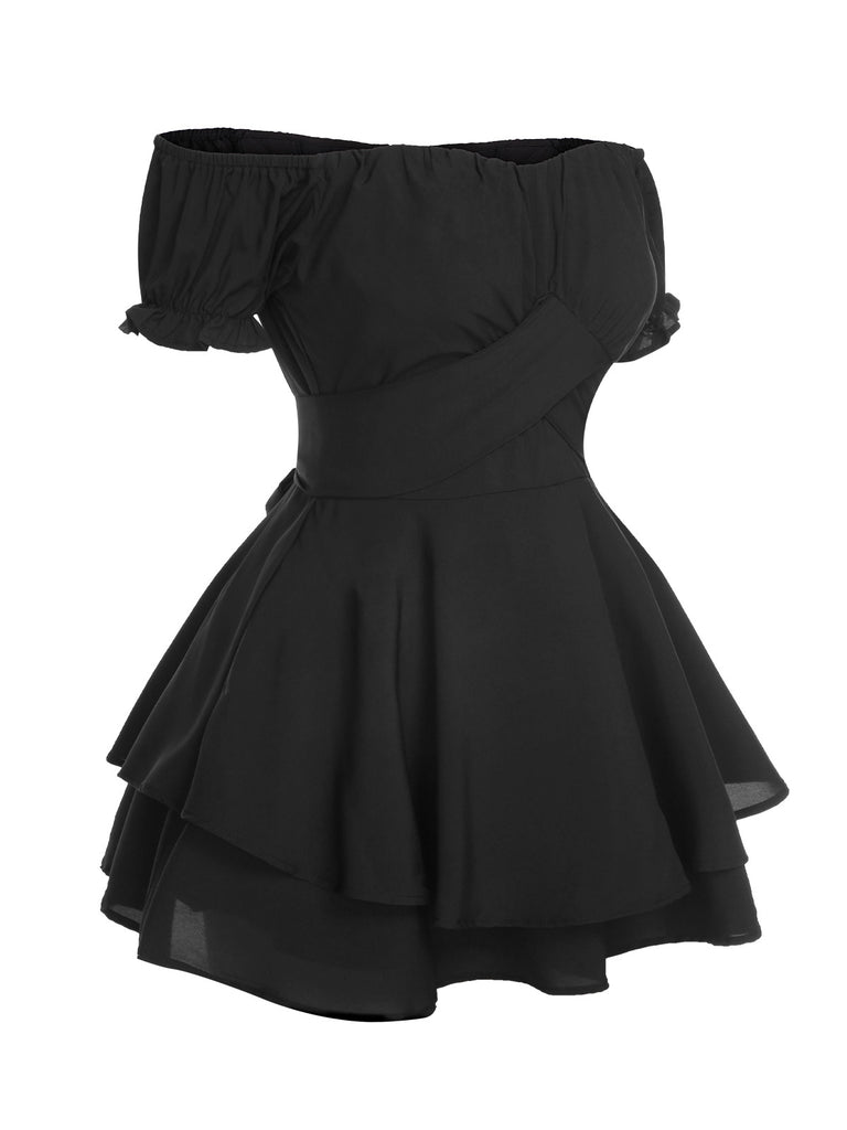 Black 1950s Off Shoulder Ruffle Sleeves Romper, vintage romper, retro jumpsuit - perfect for women who love vintage and retro fashion