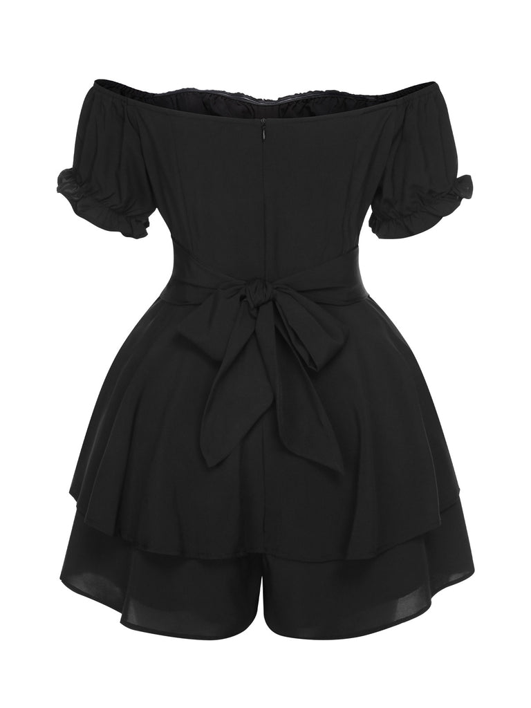 Black 1950s Off Shoulder Ruffle Sleeves Romper, vintage romper, retro jumpsuit - perfect for women who love vintage and retro fashion