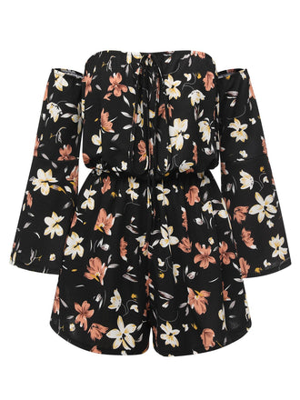 Black 1950s Off-Shoulder Floral Romper, vintage romper, retro jumpsuit - perfect for women who love vintage and retro fashion
