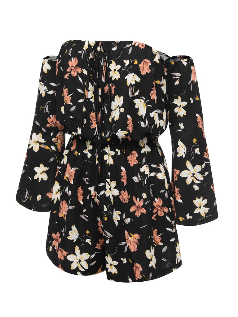 Black 1950s Off-Shoulder Floral Romper, vintage romper, retro jumpsuit - perfect for women who love vintage and retro fashion