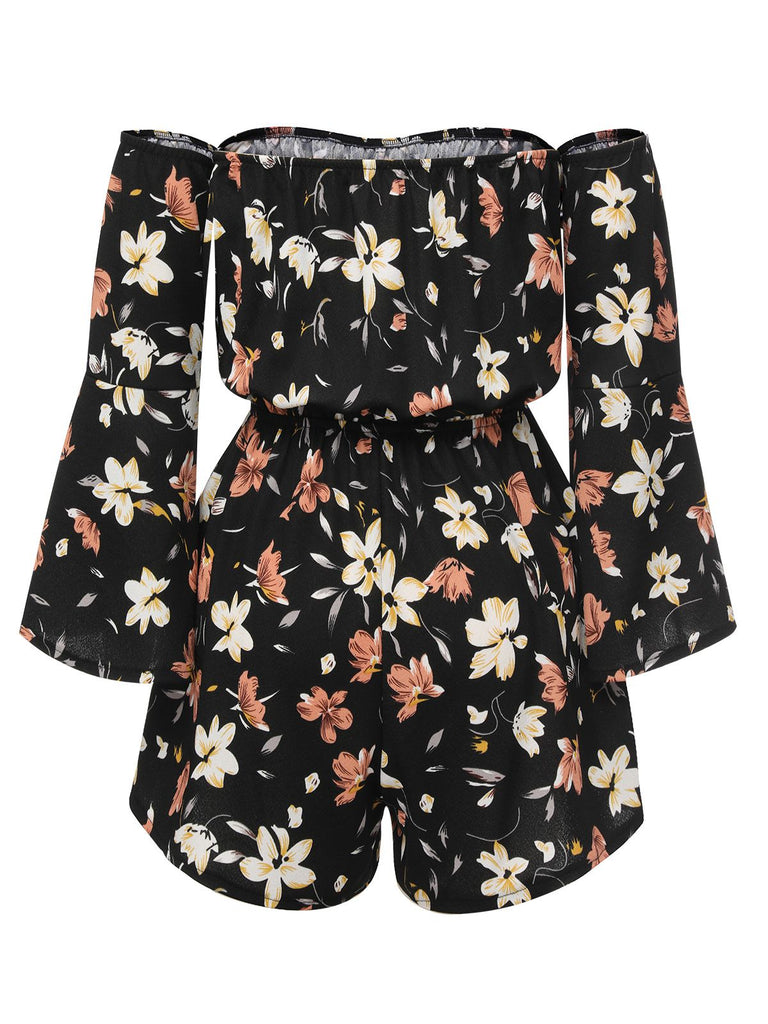 Black 1950s Off-Shoulder Floral Romper, vintage romper, retro jumpsuit - perfect for women who love vintage and retro fashion