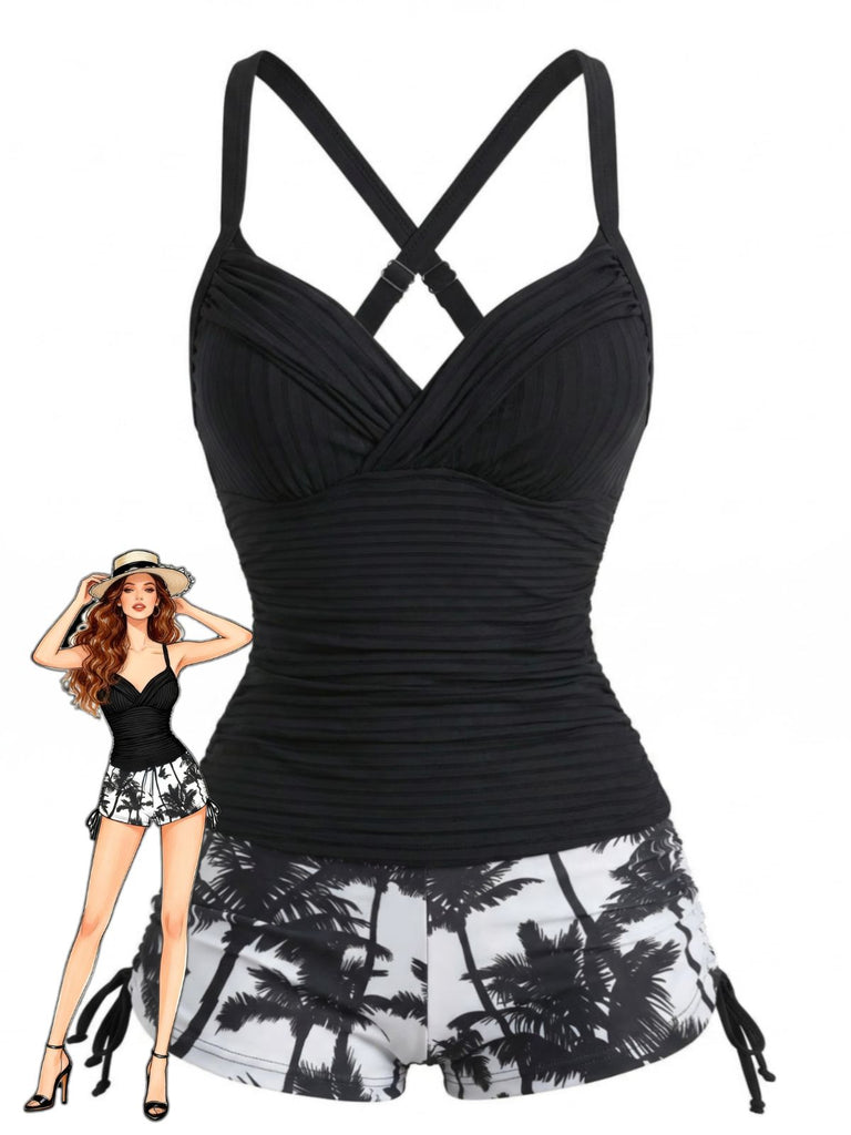 Black Print Spaghetti Strap Swimsuit