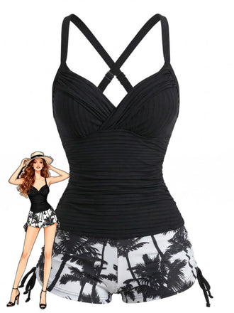 Black 1950s Palm Tree Drawstring Ruched Tankini Set - vintage fashion, retro style for vintage lovers