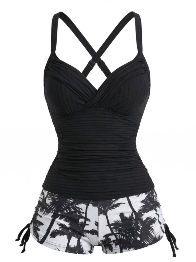 Black Print Spaghetti Strap Swimsuit