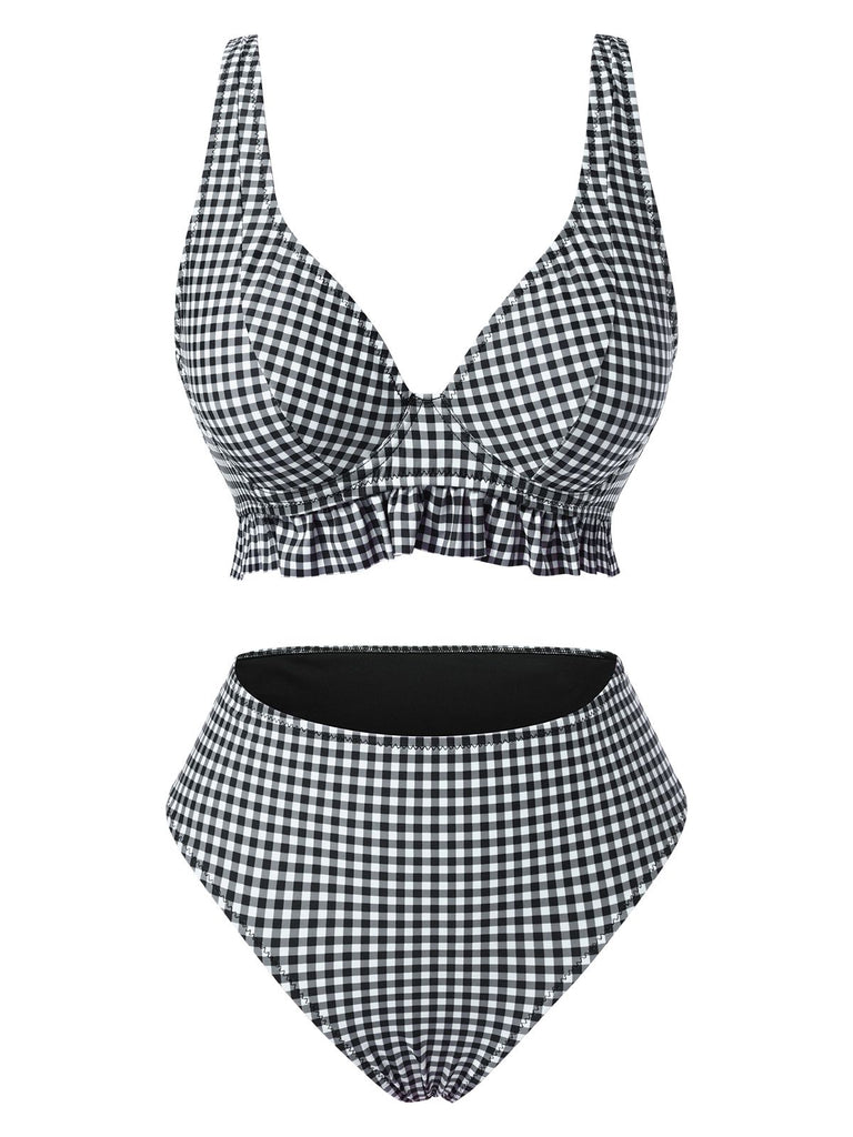 1950s Plaid Deep VNeck Ruffled | 1950s | vintage swimsuit, retro beachwear