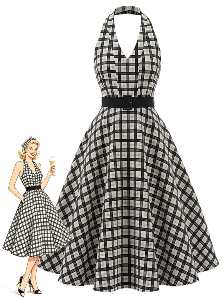 Bbww 1950s Plaid Floral V Neck Dress 2