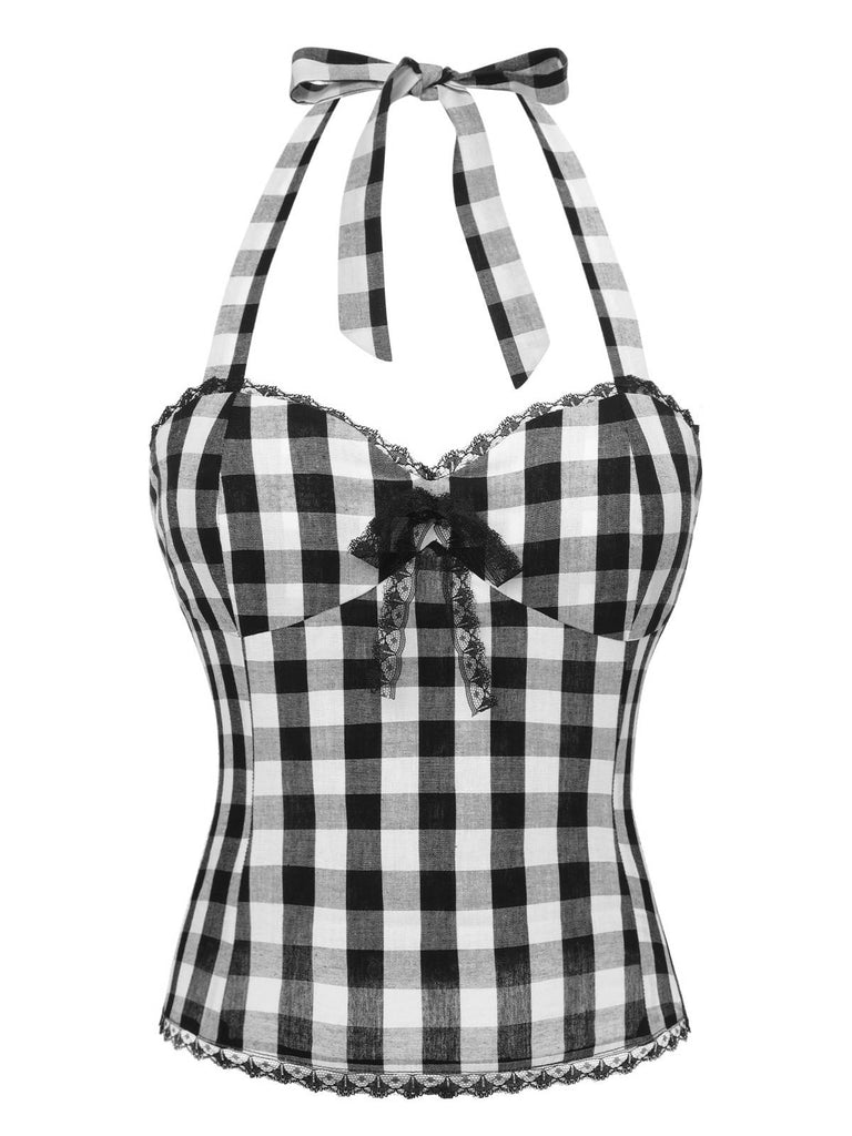 Black 1950s Plaid Halter Lace Bow Top, vintage top, retro blouse - perfect for women who love vintage and retro fashion