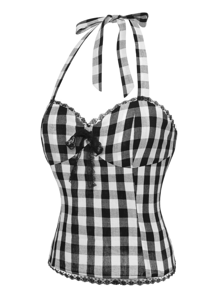 Black 1950s Plaid Halter Lace Bow Top, vintage top, retro blouse - perfect for women who love vintage and retro fashion